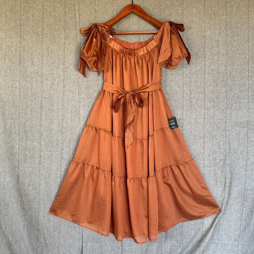 Lulus Charming Adoration Brown Off The Shoulder Bow Tiered Midi Dress Size XL